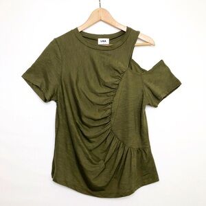 LNA olive green ruched cutout shoulder t shirt top